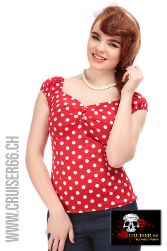 Dolores Polka Top Rot Weiss Rockabilly Cruiser66 Party Hochzeit Mode Boutique Schweiz Oberbueren St-Gallen Wil Uzwil Frauenfeld Schaffhausen Konstanz Amriswil Winterthur Bischofszell Weinfelden Appenzell Herisau Rorschach Buchs Zuerich Waedenswil Oesterreich Vorarlberg Liechtenstein Vaduz Chur Vintage Fashion 50s 50-s-Style Rock-and-Roll Kleider Sommer Petticoats Swing Fest Night US-Car Meeting Ami-Treffen US-Car Amitreffen Szene Pinup Shop Blusen Top Petticoat Schuhe Bowling Shirt Leopard Polka Dot Cherry Kirschen Latzhosen Skirt Rock